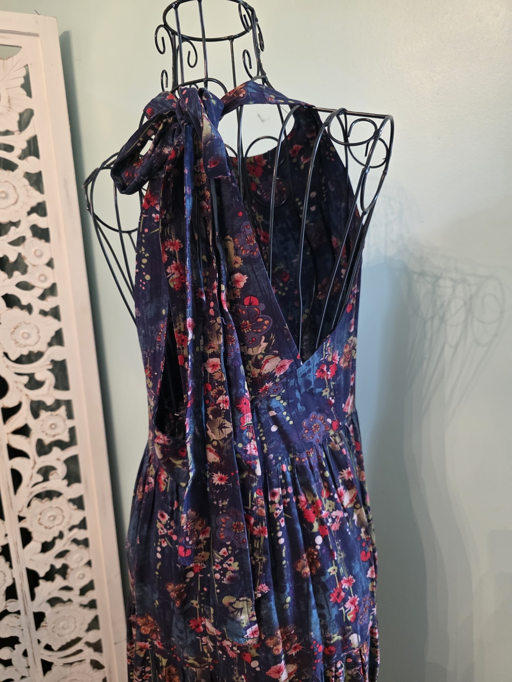 Floral Tiered Maxi Dress - Navy with Pink Floral - Picture 16 of 16